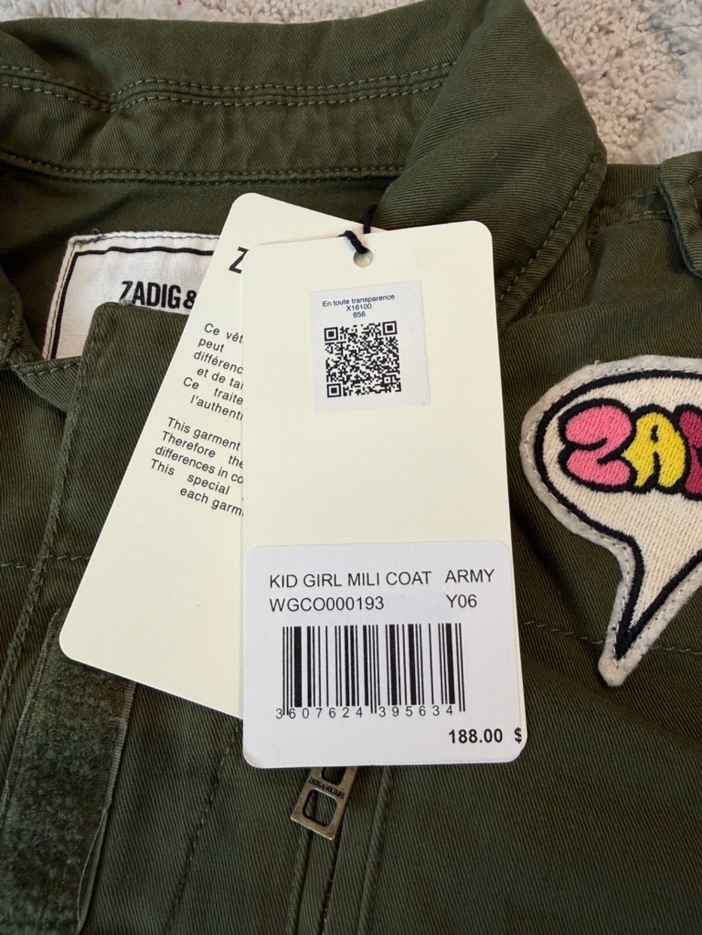 🚩 Zadig & Voltaire Army Green Kid Girl Mill Coat with Patch Size 6X - Picture 5 of 8